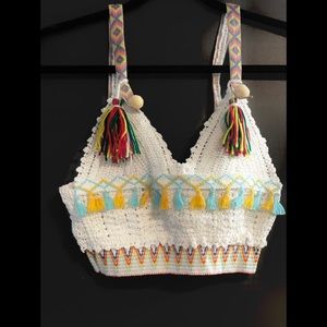 NWT S Boho tassel fringe white crochet rainbow top price final price is firm